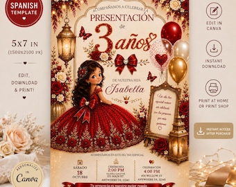 Presentación de 3 Años Invitación Roja, Invitación Niña Editable en Canva, Spansk 3:e födelsedagsinbjudan, Röd & Guld-mall
