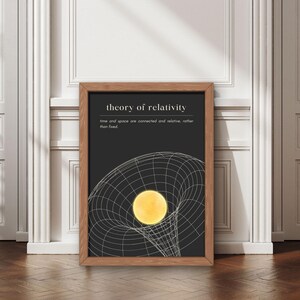 May include: A framed wall art print featuring a dark gray background with the text theory of relativity and a white wireframe grid depicting a gravitational well with a bright yellow circular sun-like object centered in the middle of the curve.