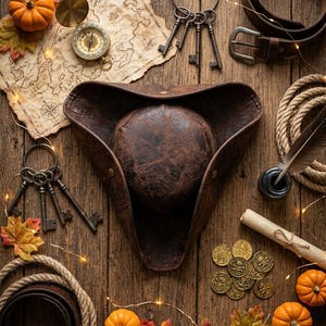 May include: A brown leather tricorn hat positioned centrally amongst pirate-themed items including a vintage map, brass compass, sets of iron skeleton keys, gold coins, a rolled parchment scroll, a quill pen, coiled rope, leather belts, and small orange pumpkins.