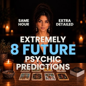 May include: A person with dark hair sits behind a wooden table with eight tarot cards laid out in two rows. The text reads: SAME HOUR, EXTRA DETAILED, EXTREMELY 8 FUTURE PSYCHIC PREDICTIONS. A lit candle in a glass jar and a deck of cards are present.