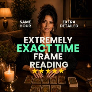May include: A person with dark hair wearing a black top sits at a wooden table with tarot cards, a lit candle in a glass holder, and five yellow stars. Text reads: SAME HOUR, EXTRA DETAILED, EXTREMELY EXACT TIME FRAME READING.