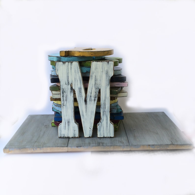 Wooden Letter M Wall Decor White Sign Living Room Nursery Kids Shabby Chic Distressed Pine Wood Office