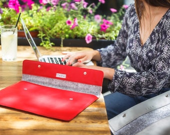 Macbook air 13 case,  Leather laptop sleeve, Laptop sleeve 13 inch, leather wool felt laptop bag, red leather bag Macbook 13", laptop folder