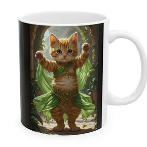 Dancing Cat in Forest Illustration Mug | Ceramic Coffee Cup