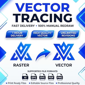 Puede incluir: Un gráfico digital que promociona servicios de vectorización con el texto VECTOR TRACING, FAST DELIVERY, 100% MANUAL REDRAW, 1 HOUR DELIVERY, HIGH QUALITY VECTOR, UNLIMITED REVISIONS, RASTER, VECTOR y los formatos AI, EPS, SVG, PDF y PNG.