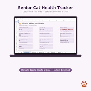 May include: A digital Senior Cat Health Tracker spreadsheet displayed on a laptop screen. The dashboard shows Mochi's Health Dashboard with metrics for weight, urine clumps, medication, and vet visits. A purple button below reads Works in Google Sheets & Excel.
