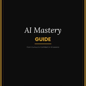 Op de afbeelding: Een zwarte digitale werkboekomslag getiteld AI Mastery GUIDE met de tekst The Honeiy Hive bovenaan en From Curious to Confident in 14 Lessons onder de titel. Een gouden rechthoekige knop onderaan toont PRINTABLE WORKBOOK • INSTANT DOWNLOAD.