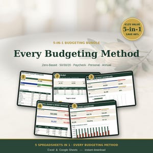 May include: A 5-in-1 budgeting bundle digital spreadsheet set featuring five distinct dashboards for zero-based, 50/30/20, paycheck, personal, and annual budgeting methods. The graphic displays data tables, charts, and financial summaries in Excel and Google Sheets formats with dark green and white colour schemes.
