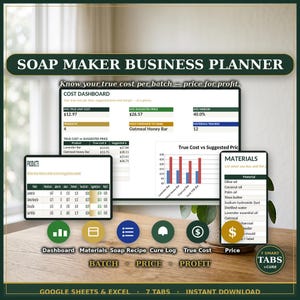 Soap Maker Business Planner Spreadsheet | Soap Pricing Calculator | Cost, Profit & Margin Tracker | Cure Log | Excel + Google Sheets
