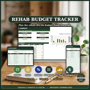 May include: A digital rehab budget tracker template for Google Sheets and Excel, featuring a summary dashboard, category breakdown, and bar charts. The interface displays financial data, including total budget, spent, and remaining amounts.