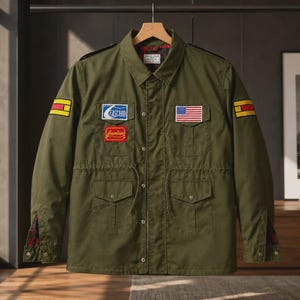 May include: An olive green field jacket featuring a button-up front, four front pockets, and a drawstring waist. The jacket is adorned with several patches, including an American flag, a blue and white logo, and a red rectangular patch.