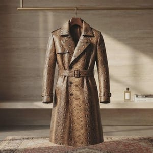 Handgefertigter Schlangenleder Trenchcoat | Unisex Python-Print Taillierter Duster Exotischer Stil Tierdruck Brauner Überzieher