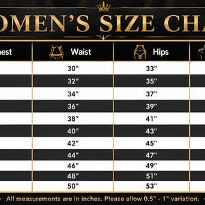 K&ouml;nnte beinhalten: Eine schwarz-goldene Gr&ouml;&szlig;entabelle mit der &Uuml;berschrift WOMEN'S SIZE CHART und Spalten f&uuml;r Gr&ouml;&szlig;e, Brust, Taille, H&uuml;fte, Schulter und &Auml;rmel. Die Tabelle listet Ma&szlig;e in Zoll von 2XSmall bis 6XLarge auf, mit einem Hinweis auf Zollangaben.