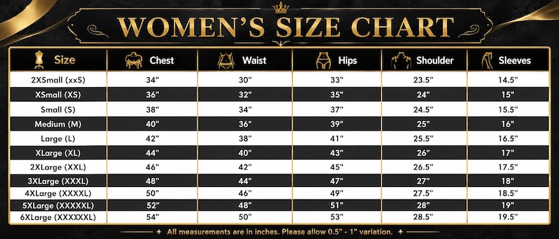 K&ouml;nnte beinhalten: Eine schwarz-goldene Gr&ouml;&szlig;entabelle mit der &Uuml;berschrift WOMEN'S SIZE CHART und Spalten f&uuml;r Gr&ouml;&szlig;e, Brust, Taille, H&uuml;fte, Schulter und &Auml;rmel. Die Tabelle listet Ma&szlig;e in Zoll von 2XSmall bis 6XLarge auf, mit einem Hinweis auf Zollangaben.