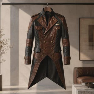May include: A long, dual-toned jacket crafted from black and brown leather. The garment features a high collar, double-breasted front with metallic buttons, epaulets on the shoulders, and buckled cuffs. The design includes a pointed hemline.