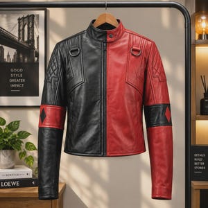 Könnte beinhalten: Eine zweifarbige Lederjacke mit geteiltem Design in Schwarz und Rot. Die Jacke verfügt über einen Stehkragen mit Druckknopf, einen zentralen Reißverschluss und Metall-D-Ringe auf der Brust. Gesteppte Schulterpartien und rautenförmige Akzente an den Ärmeln.