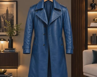 Manteau Long en Cuir Bleu Roi Fait Main | Trench-coat Long Steampunk Bleu Slim Fit Gothique Vintage Unisexe