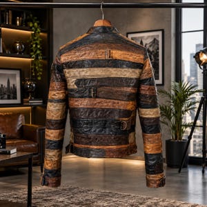 Handmade Vintage Belted Buckle Multi Color Biker Leather Jacket