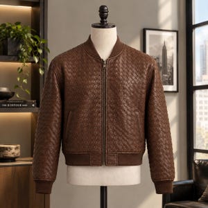 Handmade Woven Cropped Leather Jacket | Unisex Braided Lambskin Brown Biker Outfit - Luxury Textured Bomber Coat