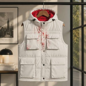 May include: A white puffer vest featuring a hood with a vibrant red interior lining. The vest includes four large rectangular pockets on the front, a central button-down closure, and a subtle red splatter pattern across the upper chest area.