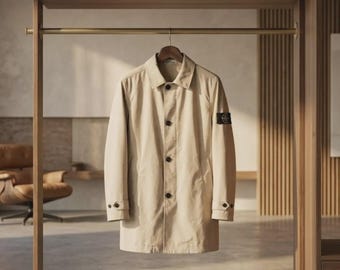 Handgefertigter, minimalistischer Vintage-Baumwollmantel | Klassischer, einreihiger Unisex-Windbreaker mit Knopfleiste in Beige