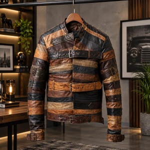 Puede incluir: Una chaqueta de cuero multicolor con paneles horizontales en tonos marrón, beige y negro. La chaqueta cuenta con cuello mao, mangas largas y múltiples correas ajustables con hebillas en el pecho, la cintura y los puños.
