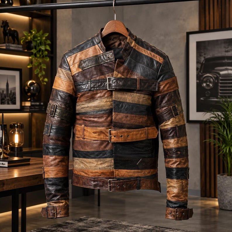 Handmade Vintage Multicolor Patchwork Streetwear Biker Leather Jacket