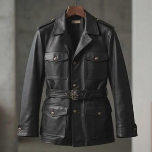 May include: A black leather jacket featuring a collared neckline, shoulder epaulets, and a front button closure. The jacket includes four flap pockets on the front, long sleeves with buttoned cuffs, and a matching leather belt with a metal buckle.
