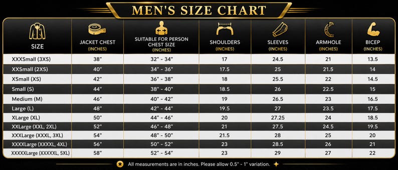 K&ouml;nnte beinhalten: Eine schwarz-goldene Gr&ouml;&szlig;entabelle mit der &Uuml;berschrift MEN'S SIZE CHART. Sie enth&auml;lt Spalten f&uuml;r Jackenbrust, Brustumfang, Schultern, &Auml;rmel, Armloch und Bizeps in Zoll und listet Gr&ouml;&szlig;en von XXXSmall bis XXXXXLarge mit den Werten auf.