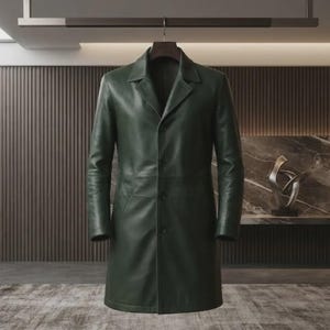 Handmade Dark Green Leather Trench Coat | Unisex Minimalist Emerald Green Single Breasted Overcoat