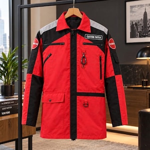 May include: A red and black jacket featuring a collar, long sleeves, and a front zipper closure. The garment includes multiple zippered pockets, a flap pocket, a black rectangular patch with the text CUSTOM PATCH, and a metal clip attachment.