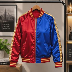 Handmade Red Blue Satin Bomber Jacket | Unisex Vintage Comic Con Cosplay Gold Stripe Customize Streetwear Costume