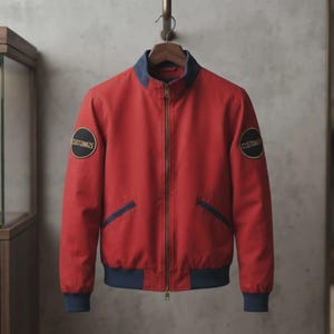 Puede incluir: Una chaqueta tipo bomber roja con cuello, puños y dobladillo en azul oscuro. La prenda cuenta con una cremallera frontal completa y dos bolsillos laterales inclinados. En cada manga, un parche circular negro muestra la palabra CUSTOMIZE en dorado.