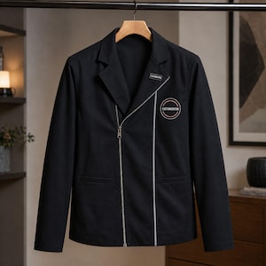 May include: A black jacket with a notched lapel and an asymmetrical silver zipper closure. The jacket features a small rectangular patch on the lapel and a circular patch on the chest, both displaying the word CUSTOMIZATION in white text.