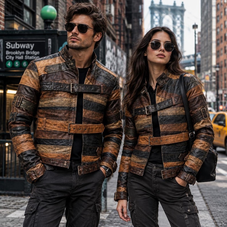 Unisex Streetwear Belted Buckle Multicolor Patchwork Leather Jacket