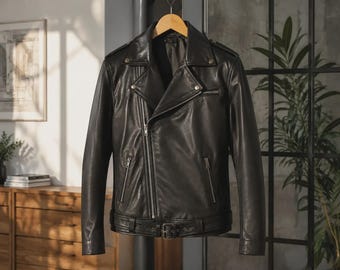 Könnte beinhalten: Eine schwarze Motorradjacke aus Leder mit asymmetrischem Frontreißverschluss, fallendem Revers mit silberfarbenen Metalldruckknöpfen, drei Reißverschlusstaschen, Schulterklappen und einem Gürtel mit Schnalle am Saum, präsentiert auf einem Holzkleiderbügel.