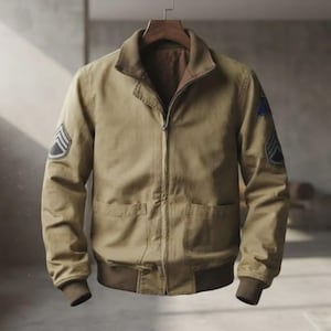 May include: A tan zip-up jacket with a collar, featuring dark brown ribbed cuffs and a matching hem. The jacket includes two front pockets and military-style chevron patches on both sleeves, displayed on a wooden hanger against a neutral background.