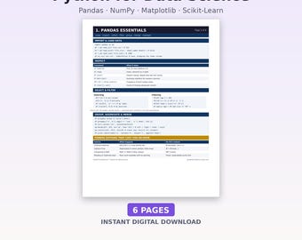 Python Data Science Spickzettel | Pandas, NumPy, Matplotlib, Scikit-Learn Referenz | 6 Tabellenblätter + Fehlerbehebungsleitfaden | PDF zum Ausdrucken