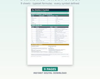 Paquete de hojas de referencia de estadística / 9 hojas sobre pruebas de hipótesis, ANOVA y regresión / Guía para elegir la prueba adecuada / Guía de estudio de estadística universitaria en PDF