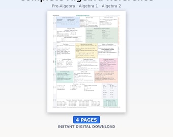 Guía rápida completa de álgebra / Tabla de fórmulas de preálgebra, álgebra 1 y 2 / Ejemplos resueltos + Problemas de práctica (Descarga en PDF)