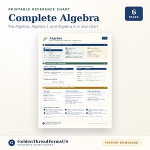 Complete Algebra Cheat Sheet | Pre-Algebra Algebra 1 & 2 Formula Reference Chart | 50 Practice Problems + Answer Keys | Printable PDF