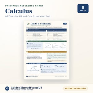 May include: A printable 8-page calculus reference chart for AP Calculus AB and Calc 1. The document features sections on limits, continuity, and trigonometric limits with mathematical notation, graphs, and definitions in a structured layout.