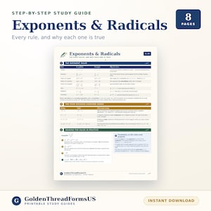 Exponents and Radicals Study Guide | Exponent Rules Simplifying Radicals Rationalizing | Every Step Explained | Printable PDF