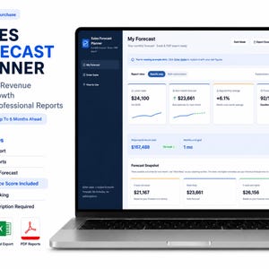 Może przedstawiać: Laptop wyświetlający interfejs oprogramowania Sales Forecast Planner z ciemnoniebieskim paskiem bocznym i białym pulpitem nawigacyjnym. Ekran pokazuje wskaźniki finansowe, w tym 24 100 USD sprzedaży, 167 488 USD sumy oraz wynik pewności 92/100.