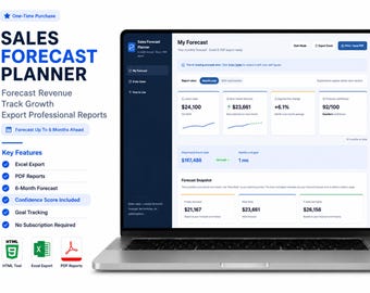 Sales Forecast Planner | Revenue Forecast Template | Excel Dashboard | KPI Tracker | HTML Tool | PDF Reports
