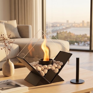 Puede incluir: Una chimenea de mesa con una base de metal negro en forma de V, paneles de vidrio transparente y un quemador central rodeado de piedras blancas lisas. Una llama naranja se eleva desde el quemador, creando un punto focal en la superficie.