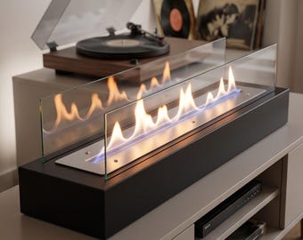 Black Metal Tabletop Bio Ethanol Fireplace with Decorative Stones | Modern Smokeless Indoor Fire Pit | Luxury Home Decor Centerpiece