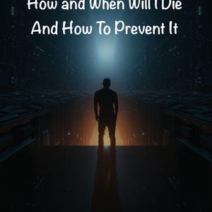 Puede incluir: Una ilustración digital con la silueta oscura de una persona de pie en un pasillo con luces azules brillantes. El texto "How and When Will I Die And How To Prevent It" aparece en blanco en la parte superior sobre un fondo oscuro y futurista.