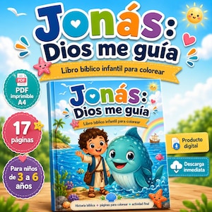 May include: A digital children's coloring book titled Jonás: Dios me guía, featuring a cartoon illustration of a boy and a blue whale on a beach. The cover includes text, a rainbow, a ship, and icons indicating 17 pages, A4 PDF format, and instant download.