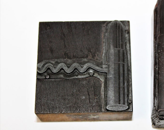 Rare Letterpress Print Blocks: Corkscrew Design for Wine Enthusiasts, Antique Printing Decor